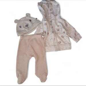 Petit Lem Neutral Bear Hoodie, Hat & Striped Footies Set - Gray & Cream